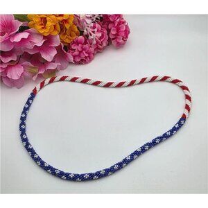 Red White Blue Seed Bead Crochet Necklace Patriotic USA Art Deco 22" Continuous